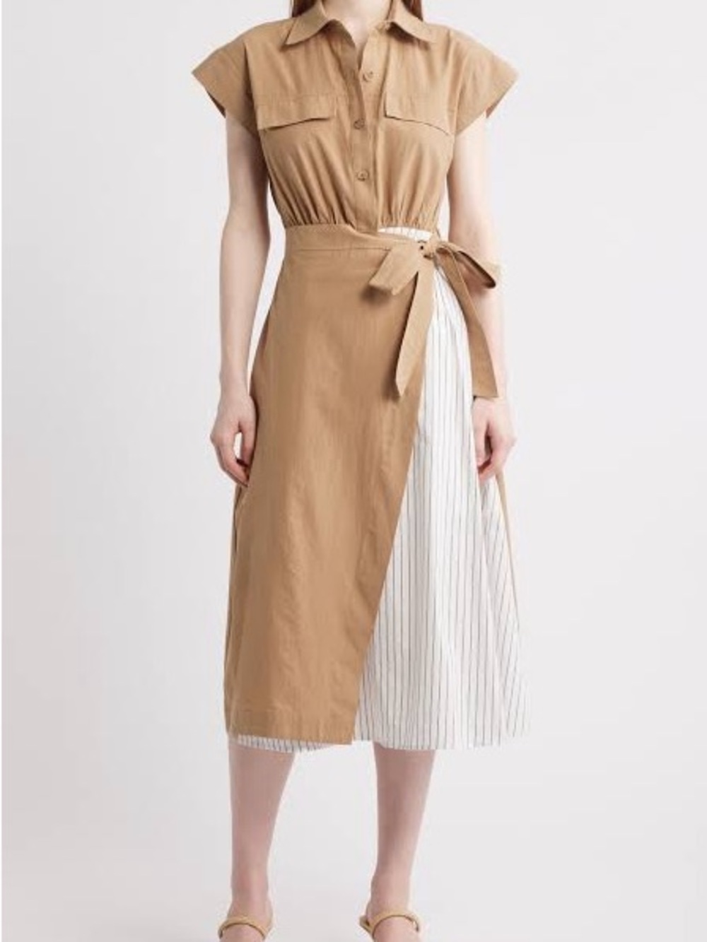 Zoe & Claire Mixed Media Shirt Dress Tan Neutral Striped Pleat Corporate Chic S